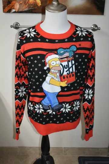 The Simpsons Homer Ugly Christmas Sweater Mens medium Holds Real Beer Bottle Can