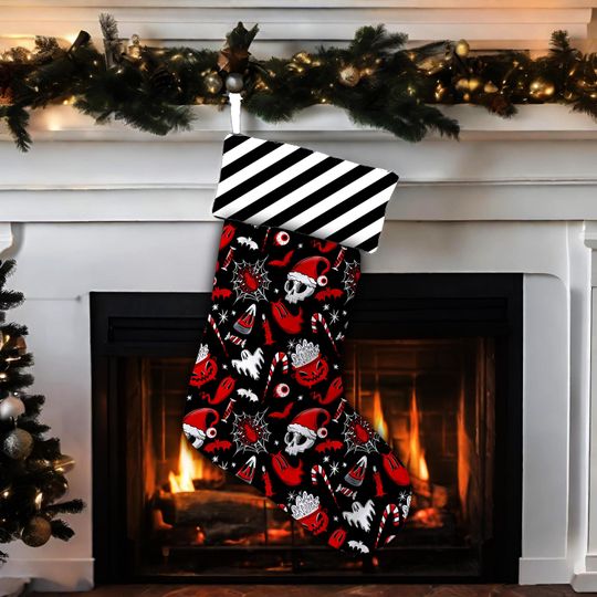 Spooky Personalized Stocking, Creepy Creepmas Santa Skull Stripes Stocking, Spooky Christmas Stocking, Gothic Devil Ghost Bats Stocking