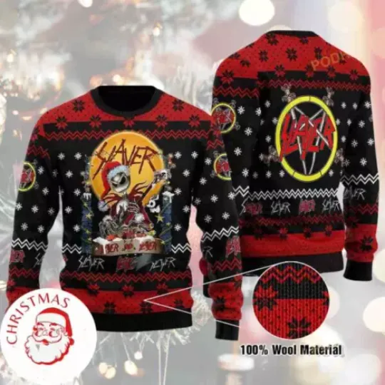 BG Slayer Skellington Plays Guitar Thrash Metal Band Ugly Christmas Sweater