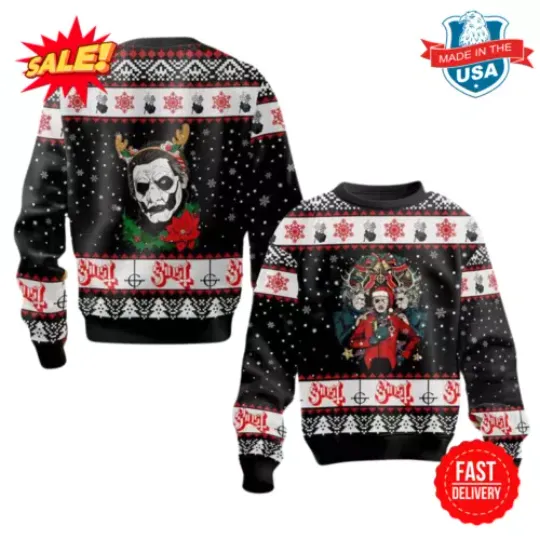 Ghost Band Funny Holiday Style Reindeer Under The Snowy Night Ugly Sweater