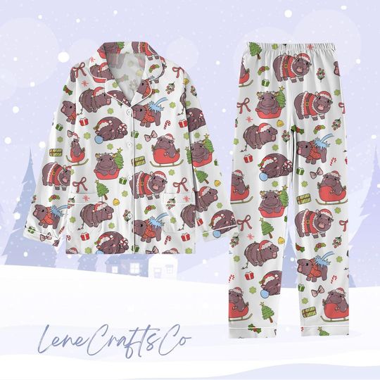 Moo Deng Pajamas Christmas, Baby Hippo Pajama Set, Hippo Lover Holiday Pajamas, Cute Baby Hippo Family Pajamas, Pj Set for Animal Lover