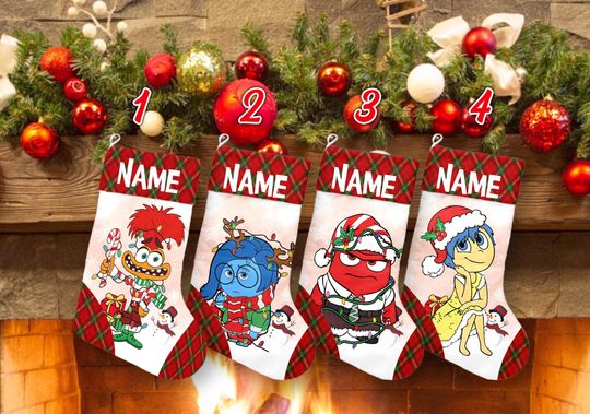 Personalized Buffalo Plaid Inside Out Christmas Stockings, Inside Out 2 Movie Characters Christmas Stockings With Name, Joy Anxiety