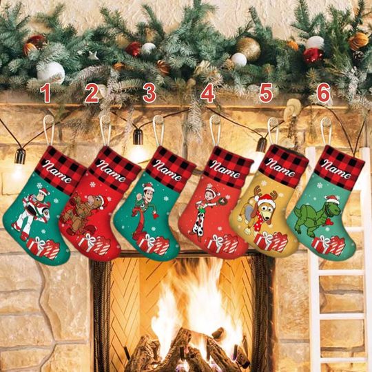 Personalized Red Plaid Xmas Stocking, Toy Movie Characters Christmas Stockings, Toy Christmas Socks Home Decoration