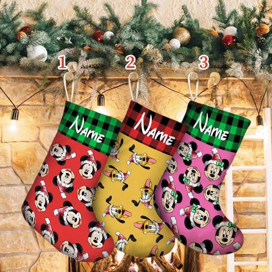 Personalized Mouse Movie Xmas Stocking, Mouse And Dog Santa Hat Christmas Stockings, Characters Christmas Socks Home Decoration