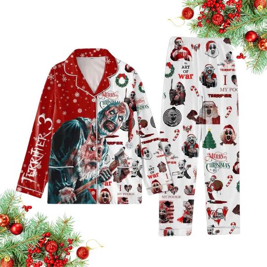 Terrifier 3 Christmas Pajamas Set, Terrifier Art The Clown Shirt, Horror Characters Xmas Pajamas, Holiday Long Sleeve Pajamas