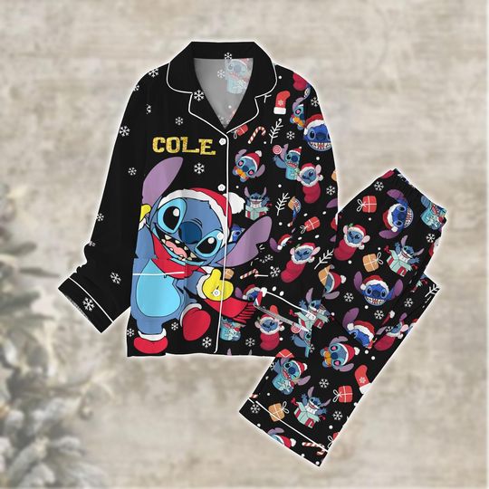 Christmas Personalized Lilo And Stitch Pajamas Set, Disney Trip Shirt, Blue Dog Holiday Pjs, Disney Family Vacation Costume, Xmas Gift