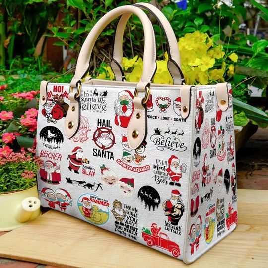 Santa Claus Christmas Leather Handbag, Santa Christmas Bag, Leather Shoulder Bag