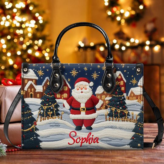 Christmas Santa Claus Faux Embroidered Leather Handbag, Christmas Woman Handbag, Holiday Bags Gift For Mom, Grandma, Wife, Her