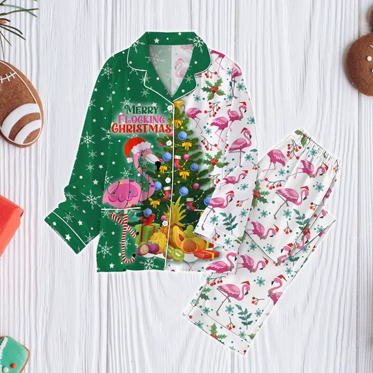 Flamingo Christmas Pajamas Set, Funny Flamingo Pajamas Set, Pink Animal Xmas Pajamas, Cute Pink Flamingo Pajamas, Marry Christmas Gift