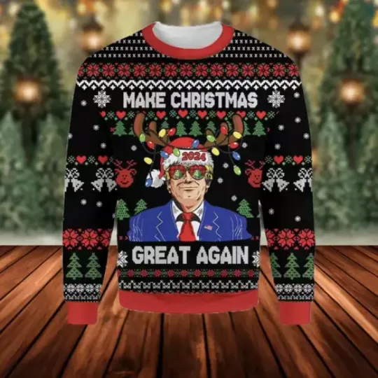 BG Trump Santa Make Christmas Great Again 2024 Ugly Christmas Sweater XS-5XL