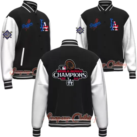 LA Dodgers Black & White World Series Champions 2024 Varsity Jacket