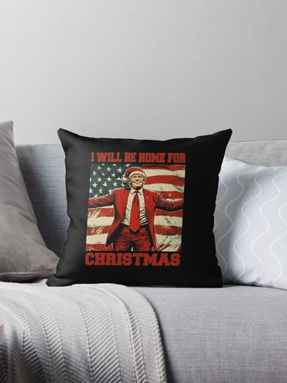Trump 2024 I'll Be Home for Christmas Funny Trump Ugly Christmas Pillow