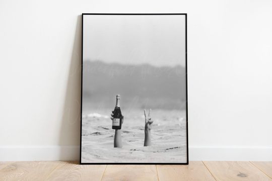Woman Drinking Champagne in Ocean Poster, Bar Cart Poster, Dorm Room Poster, Wine Room Decor