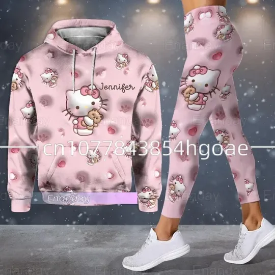 New personalized Disney Hello Kitty 3D women's hoodie and leggings, Hello Kitty yoga pants, sports pants, fashionable sports set