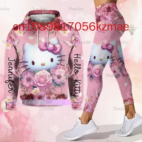 Hello Kitty 3D Women's Hoodie and Leggings Suit Cute Hello Kitty Yoga Pants Sweatpants Fashion Sports Suit Set