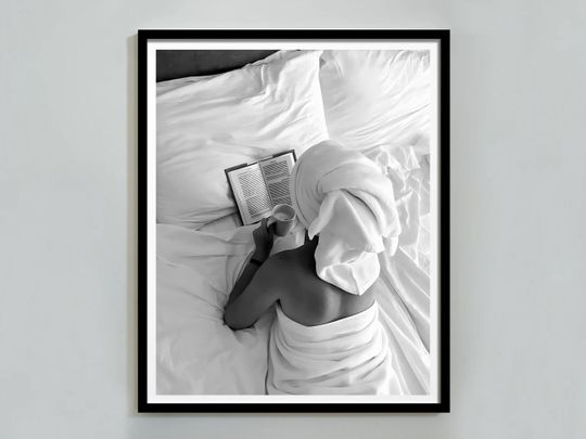 Woman Reading Book in Bed Print, Feminist Poster, Black and White, Fashion Photography, Vintage Wall Art, Girls Room Decor