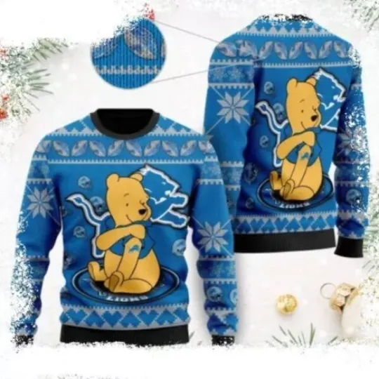Detroit Lions Winnie the Pooh Christmas 2024 Pooh Ugly Sweater