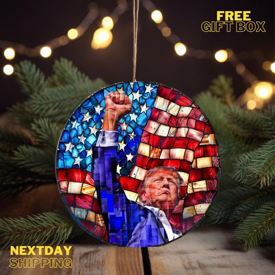 Trump with Raised Fist Stained Glass Christmas Ornament, American Pride Keepsake, Trump Merch, Stained Glass-Look Ceramic Ornament
