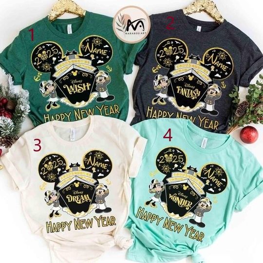Personalized Disney Cruise New Year 2025 Shirt,  Mickey & Friends Family Cruise Vacation Let's Cruise Disney Wish Dream Magic Wonder Fantasy