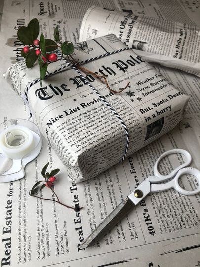 Christmas wrapping paper sheets from the North Pole Newspaper perfect gift from Santa on Christmas eco-friendly black and white