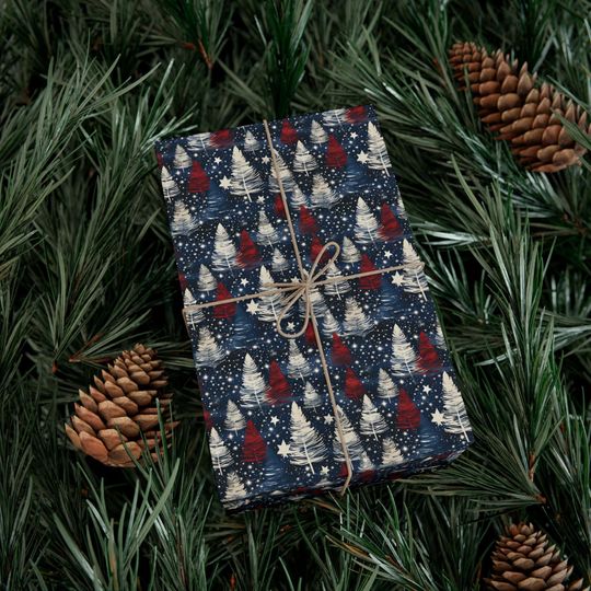 Red White Blue Christmas Gift Wrap Paper American Rustic Vintage Forest Blue Christmas Wrapping Paper Roll, Christmas Forest Trees Patriotic