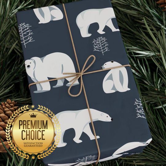 Navy Blue Polar Bear Wrapping Paper, Christmas Arctic Bears Giftwrap, Gift Wrap for Baby Showers and Holidays