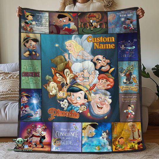 Custom Pinocchio Pictures Collage Blanket, Cartoon Movie Blanket, Pinocchio Cartoon Birthday Blanket, Pinocchio Fleece Blanket