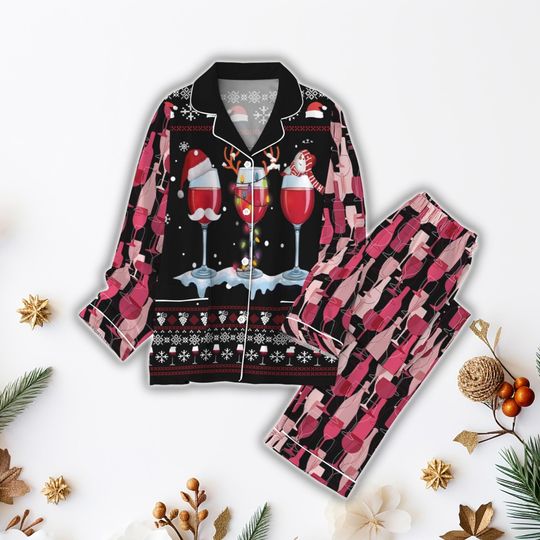 Christmas Reindeer Red Wine Pajamas Set, Red Wine Holiday Pajamas, Wine Glasses Matching Pajamas Set, Wine Lover Xmas Family Pajamas