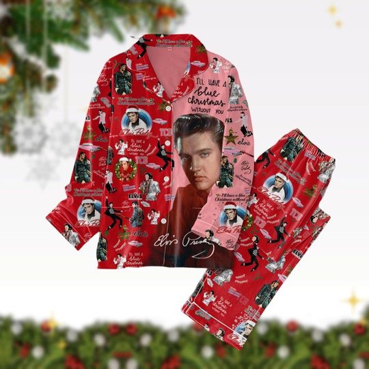 Elvis Presley Button Down Pajamas, Elvis Ill Have Blue Christmas Pj Set, Elvis Santa Hat Pajamas, Rock And Roll Music Pajamas Pants