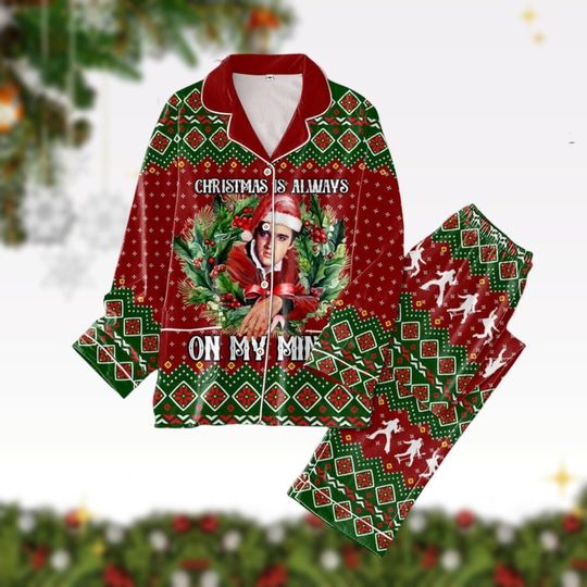 Elvis Presley Christmas Pajamas Set, Elvis Ill Have Blue Fleece Pj Set, Elvis Santa Hat Pajamas, Rock And Roll Music Pajamas Pants