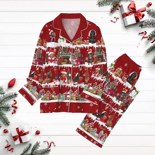 Christmas Dachshund Dog Pajamas Set, Wiener Dog Xmas Pajamas Pants, Christmas Tree Holiday Pajamas, Pet Pjs For Party, Dog Mom Gift
