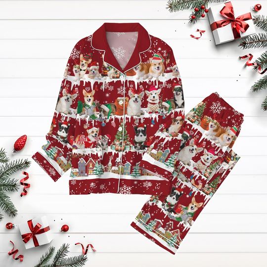 Corgi Dog Christmas Pajamas Set, Pet Lover Holiday Pajamas, Long Sleeve Pyjamas, Christmas Tree Shirt, Dog Owner Xmas Gift, Corgi Pjs