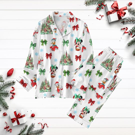 Disney Coquette Bows Christmas Pajamas Set, Minnie Daisy Duck Holiday Pajamas, Disneyland Castle Xmas Pjs, Winter Season Pjs For Party