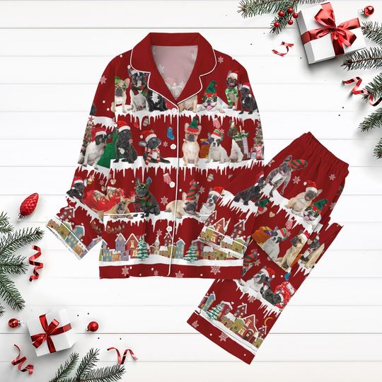 Christmas French Bulldog Pajamas, Bulldog Xmas Pajamas Set, Santa Frenchie Holiday Pajamas, Cute Pet Lover Pyjamas, Pajamas For Party