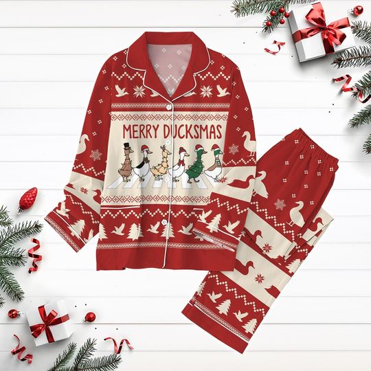 Ducks Christmas Pajamas Set, Merry Ducksmas Holiday Pajamas, Funny Farm Xmas Pjs, Duck Lover Shirt, Christmas Lights Shirt, Farmer Gift