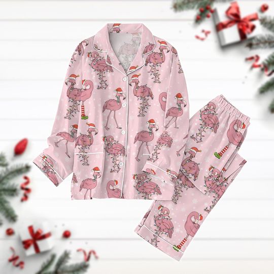 Flamingo Christmas Pajamas Set, Christmas Lights Pyjamas, Santa Flamingo Holiday Pjs, Womens Pajamas, Animal Lover Gift, Bird Lover Pjs