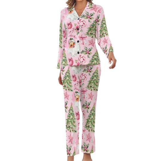 Christmas Satin Pajama Set for women, cute Christmas pajamas for mom, matching girls pajamas available, gift for her, retro Santa pajamas
