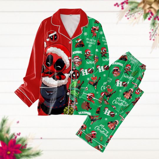 Christmas Deadpool Pajamas Set, Santa Deadpool Pjs Christmas, Funny Superhero Pajamas Pants, Matching Pajamas Set, Pajamas For Party