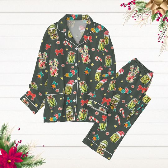 Christmas Pickle Pajamas Set, Funny Pickle Shirt, Retro Canned Pickles Pajamas Pants, Funny Xmas Long Sleeve Pyjamas, Vegetables Lover