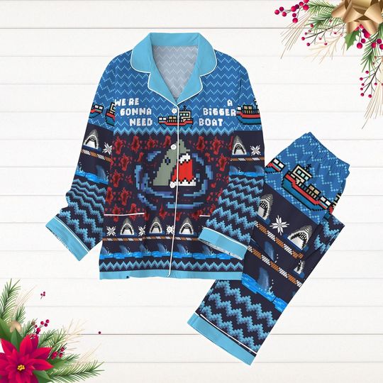 Shark Jaws Christmas Pajamas Set, Fishing Xmas Pajamas, Funny Ocean Holiday Pajamas, Pj Set Pants, Long Sleeve Pyjamas, Pjs Christmas