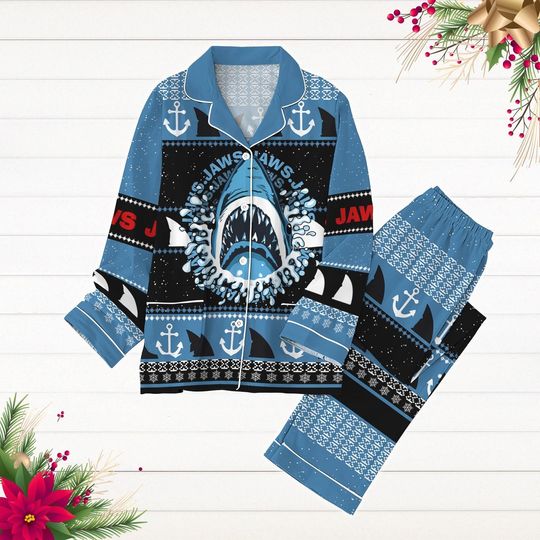 Jaws Christmas Pajamas Set, Shark Jaws Holiday Pajamas, Horror Shark Shirt, Ocean Lover Shirt, Pj Set Pants, Long Sleeve Pyjamas