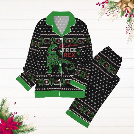 Christmas Tree Rex Pajamas Set, Dinosaur Holiday Pajamas, Dino Pajamas For Party, T-Rex Xmas Pj Set Pants, Funny Animal Pajamas Pants