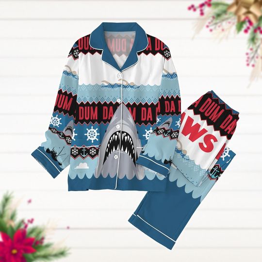 Christmas Jaws Pajamas Set, Shark Jaws Holiday Pajamas, Vintage Jaws 1987 Pyjamas, Horror Shark Shirt, Ocean Lover Shirt, Pj Set Pants