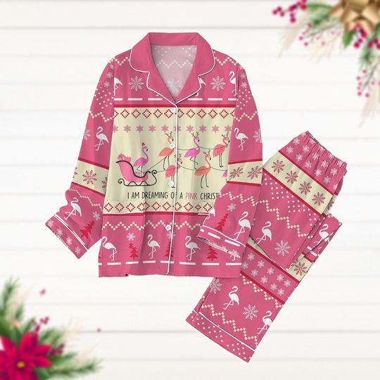 Christmas Flamingo Pajamas Set, Animal Long Sleeve Pyjamas, Womens Pajamas, Gift For Her, Flamingo Holiday Pajamas, Winter Pj Set Pants