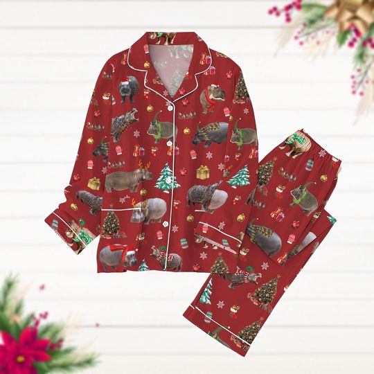 Christmas Hippo Pajamas Set, Hippopotamus Holiday Pajamas, Christmas Tree Pj Set, Winter Season Long Sleeve Pyjamas, Funny Animal Pjs