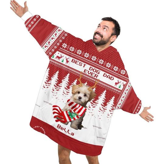 Custom Pet Blanket Hoodie, Christmas Dog Cat Photo Wearable Blanket Hoodie, Christmas Best Dog Mom / Dad/ Sister/Brother Oversized Blanket