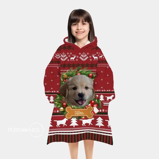 Custom Pet Blanket Hoodie, Christmas Wreath Dog Cat Photo Wearable Blanket Hoodie, Christmas Dog Cat Blanket, Christmas Gift