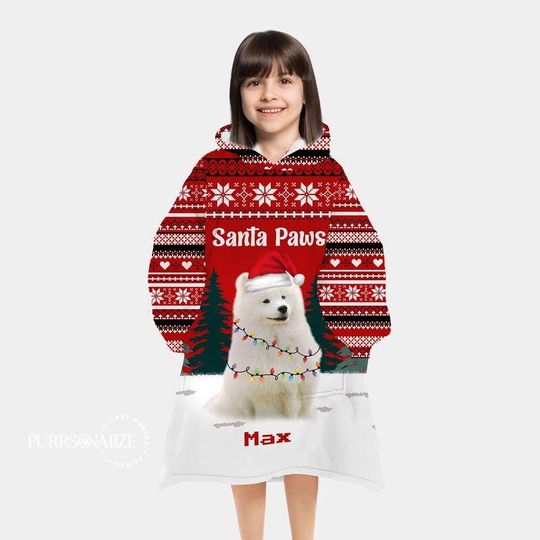 Custom Pet Blanket Hoodie, Christmas Dog Cat Photo Wearable Blanket Hoodie, Christmas Santa Paws Blanket