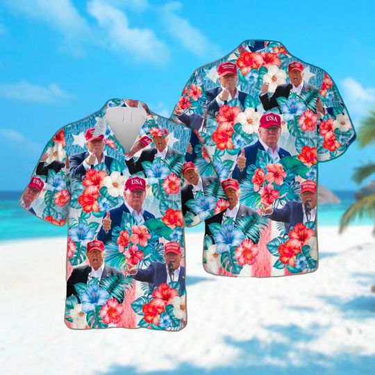 Trump 2024 MAGA Hibiscus Flowers Hawaiian Shirt, Donald Trump Summer Button Up Shirt, Election Day Tee, President Trump Shirt