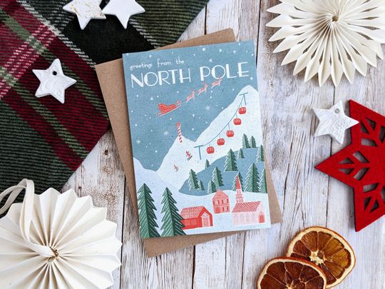 Greetings From The North Pole Christmas Card | Retro Vintage Travel Poster | A6 Blank Card | A5 or A6 | Eco Friendly